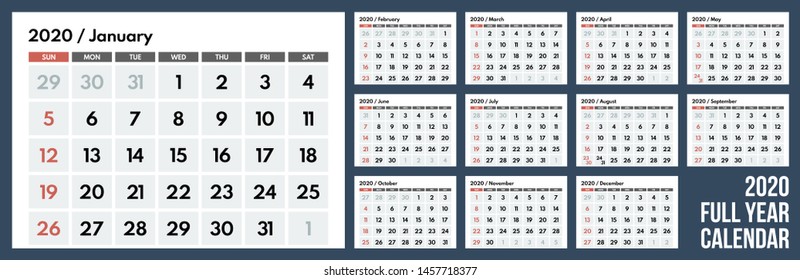 2019 full year wall calendar, starts sunday