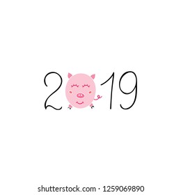 2019 funny card design. Chinese New Year 2019. Hand drawn vector illustration.