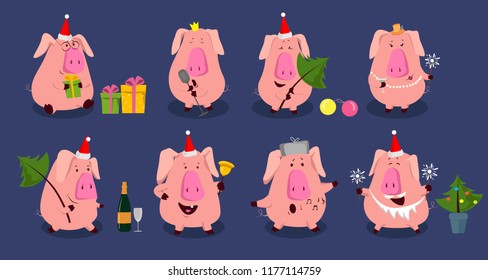 2019 Funny set with cute pink pig. Perfect for Birthday, Christmas, love greeting cards or lovely posters.