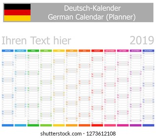 2019 German Planner Calendar with Vertical Months on white background