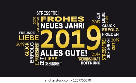 2019 - german slogan  in white and gold "wir wünschen alles gute" means happy new year all the best  on 
black background with stars