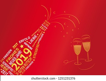 2019 - german slogan  in white and gold "wir wünschen alles gute" means happy new year all the best  on red background a bottle and glasses of champagne