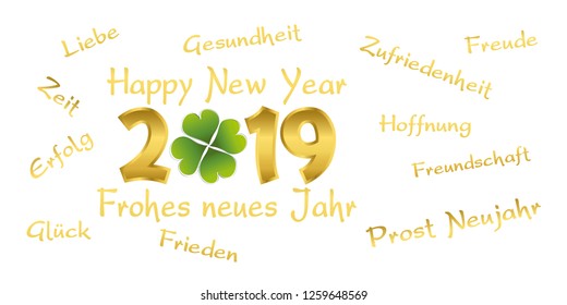 2019 with german text frohes neues jahr means we wish all the best happy new year  with cloverleaf, white background