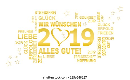 2019 with german text wir wünschen alles gute means we wish all the best happy new year  with heart and stars, white background