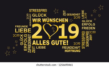 2019 with german text wir wünschen alles gute means we wish all the best happy new year  with heart and stars, black background