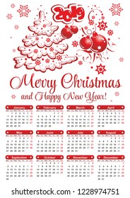 2019 gift calendar with New Year tree, stars and balls in red color. Vector, calendar grid for 2019, week starts on Monday