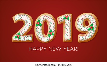 2019 gingerbread banner design. New Year cookie numbers with mistletoe berries, fudge and sprinkles. Christmas gingerbread on red background. Poster, postcard illustration. Isolated vector