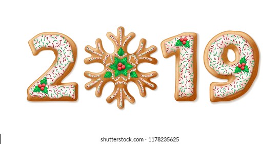 2019 gingerbread illustration. New Year cookie numbers with mistletoe berries, fudge and sprinkles. Christmas gingerbread snowflake and numbers. Banner, postcard design element. Isolated vector