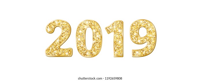 2019 glitter typography design. Golden sparkling numbers isolated on white background. Great for calendars, New year and Christmas cards, party posters, website headers.