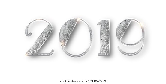 2019 glitter typography design. Silver sparkling Numbers Design of greeting card of Happy new year design. Silver Shining Pattern. Happy New Year Banner with 2019 Numbers. Vector illustration