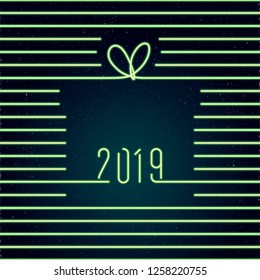 2019 Glowing Neon Sign Style Logo with Repeating Horizontal Lines Making Blank Gift Box Shape New Year Creative Concept - Green on Dark Space Illusion Background