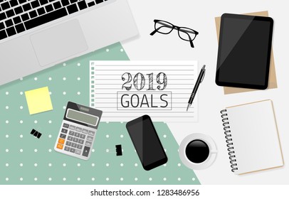2019 Goals on note paper with office supplies on green and gray background. Vector illustration