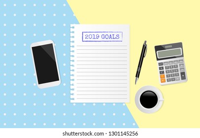 2019 goals text on white note paper with office supplies on yellow and blue background. Vector illustration