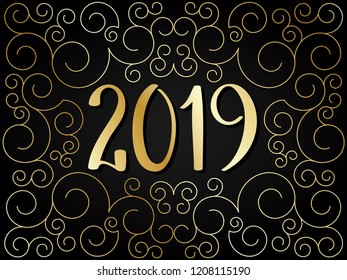 2019 gold and black brush calligraphy card with geometric spiral pattern