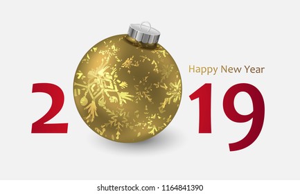 2019 with gold Christmas ball with golden abstract snowflakes pattern and lettering Happy New Year. Christmas card design for flyer, poster, design, banner, web. Vector illustration. White background.
