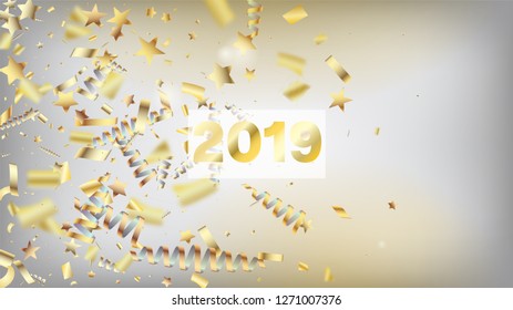 2019 Gold Confetti, Falling Stars, Streamers, Tinsel. Cool Luxury Christmas, New Year, Birthday Party Holiday Garland. Horizontal Shiny Shimmer Background. Gold Confetti, Falling Down Stars.