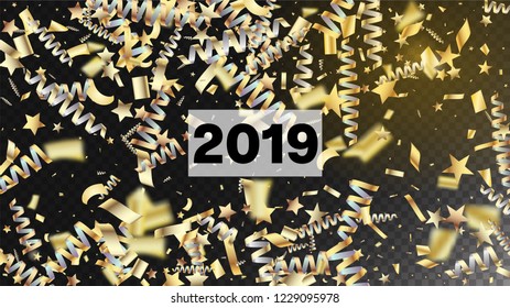 2019 Gold Explosion, Stars, Streamers, Tinsel Burst. Horizontal Lights Glitter Background. Cool Elegant Christmas, New Year, Birthday Party Holiday Frame. Gold Explosion, Streamers Burst.
