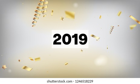 2019 Gold Explosion, Stars, Streamers, Tinsel Burst. Cool Rich VIP Christmas, New Year, Birthday Party Holiday Scatter. Horizontal Shiny Sparkles Background. Gold Explosion, Streamers Burst.