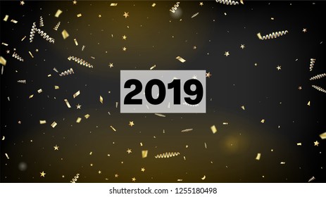 2019 Gold Explosion, Stars, Streamers, Tinsel Burst. Horizontal Lights Stardust Background. 