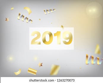 2019 Gold Explosion, Stars, Streamers, Tinsel Burst. Horizontal Magic Bokeh Background. Cool Rich VIP Christmas, New Year, Birthday Party Holiday Banner. Gold Explosion, Streamers Burst.