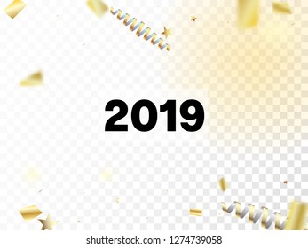 2019 Gold Explosion, Stars, Streamers, Tinsel Burst. Cool Luxury Christmas, New Year, Birthday Party Holiday Banner. Horizontal Magic Night Sky Background. Gold Explosion, Streamers Burst.