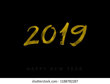 2019 gold foil textured hand painted logo isolated on black background. 2019 typography for New Year calendar, brochure cover, for poster and invitation, for logo and icon. Vector illustration. EPS10