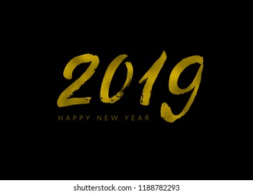 2019 gold foil textured hand painted logo isolated on black background. 2019 typography for New Year calendar, brochure cover, for poster and invitation, for logo and icon. Vector illustration. EPS10
