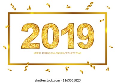 2019 gold glitter texture type with frame and serpentine. Merry Christmas and Happy New Year greeting card. Vector illustration.