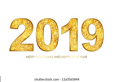 2019 gold glitter texture type. Merry Christmas and Happy New Year greeting card. Vector illustration.