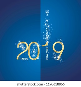 2019 Gold New Year firework champagne blue illustration