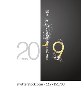 2019 Gold New Year firework champagne white black illustration