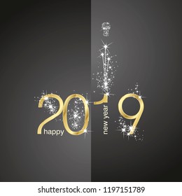 2019 Gold New Year firework champagne black illustration
