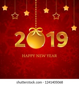 2019 gold numbers with christmas ball with ribbon, bow, hanging stars on the red background with snowflakes and falling snow. New Year and Christmas holiday decoration. Vector Illustration. 