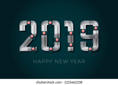 2019 Gold Numerals with Diamonds Logo Realistic Cut and Fixed Paper Style and Happy New Year Lettering - Golden and Blue Figures on Black Striped Background - Vector Mixed Graphic Design