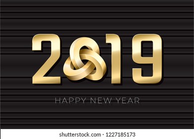 2019 Gold Numerals Logo with Authentic Triple Mobius Loop Impossible Figure and Happy New Year Lettering - Golden Elements on Black Relief Background - Vector Gradient Graphic Design
