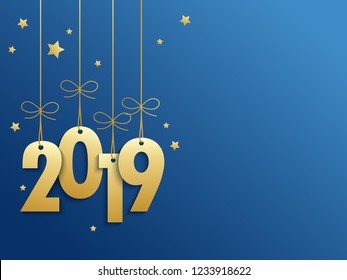 2019 Gold Suspended on Blue Background