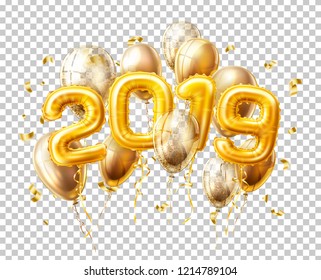 2019 golden air balloons with confetti new year, merry christmas celebration decoration design elements. Vector realistic traditional xmas party greeting symbols illustration transparent background