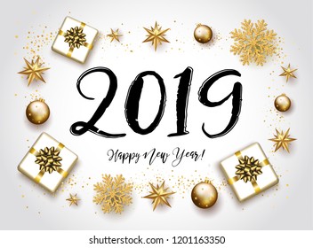 2019 with golden Christmas stars, gift, lettering on a white background. Happy New Year card design. Vector illustration