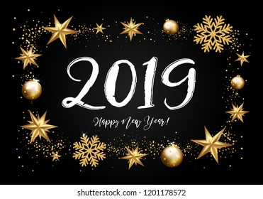 2019 with golden Christmas stars, snowflakes, lettering on a black background. Happy New Year card design. Vector illustration 