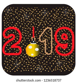 2019 with golden Christmassnowflakes on a black background. Happy New Year card design. Vector illustration EPS 10 file.Bright