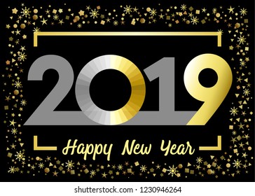 2019 golden glitter Happy New Year xmas greetings. Gold snowy winter background, stained glass null, isolated 20, 19 and 0 bright numbers. Seasonal discount digits % percent off, zero or O sign 2021