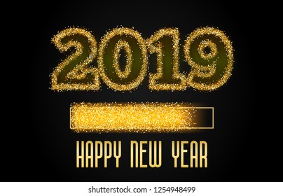 2019 Golden Loading Bar showing progress almost reaching new year. Golden glitter and loading panel on black background. Vector  illustration.