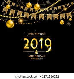 2019 golden New Year sign with golden glitter and loading panel on black background. Vector New Year illustration.