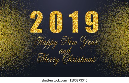 2019 golden New Year sign with golden glitter and loading panel on black background. Vector New Year illustration.