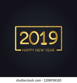2019 golden New Year sign with golden glitter on black background. Vector New Year illustration. Happy New Year Banner with 2019 Numbers on Bright Background.
