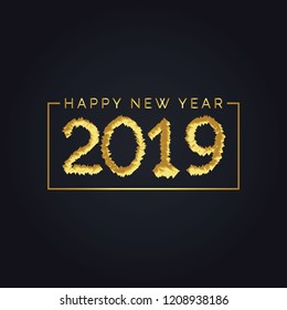 2019 golden New Year sign with golden glitter on black background. Vector New Year illustration. Happy New Year Banner with 2019 Numbers on Bright Background.