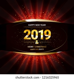 2019 golden New Year sign with golden glitter and loading panel on black background. Vector New Year illustration.