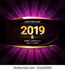 2019 golden New Year sign with golden glitter and loading panel on black background. Vector New Year illustration.