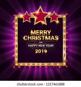 2019 golden New Year sign with golden glitter and loading panel on black background. Vector New Year illustration.