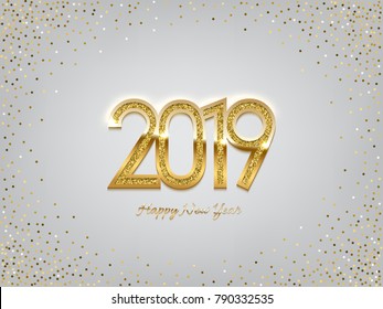 2019 golden New Year sign on winter holiday background. Vector New Year illustration. 